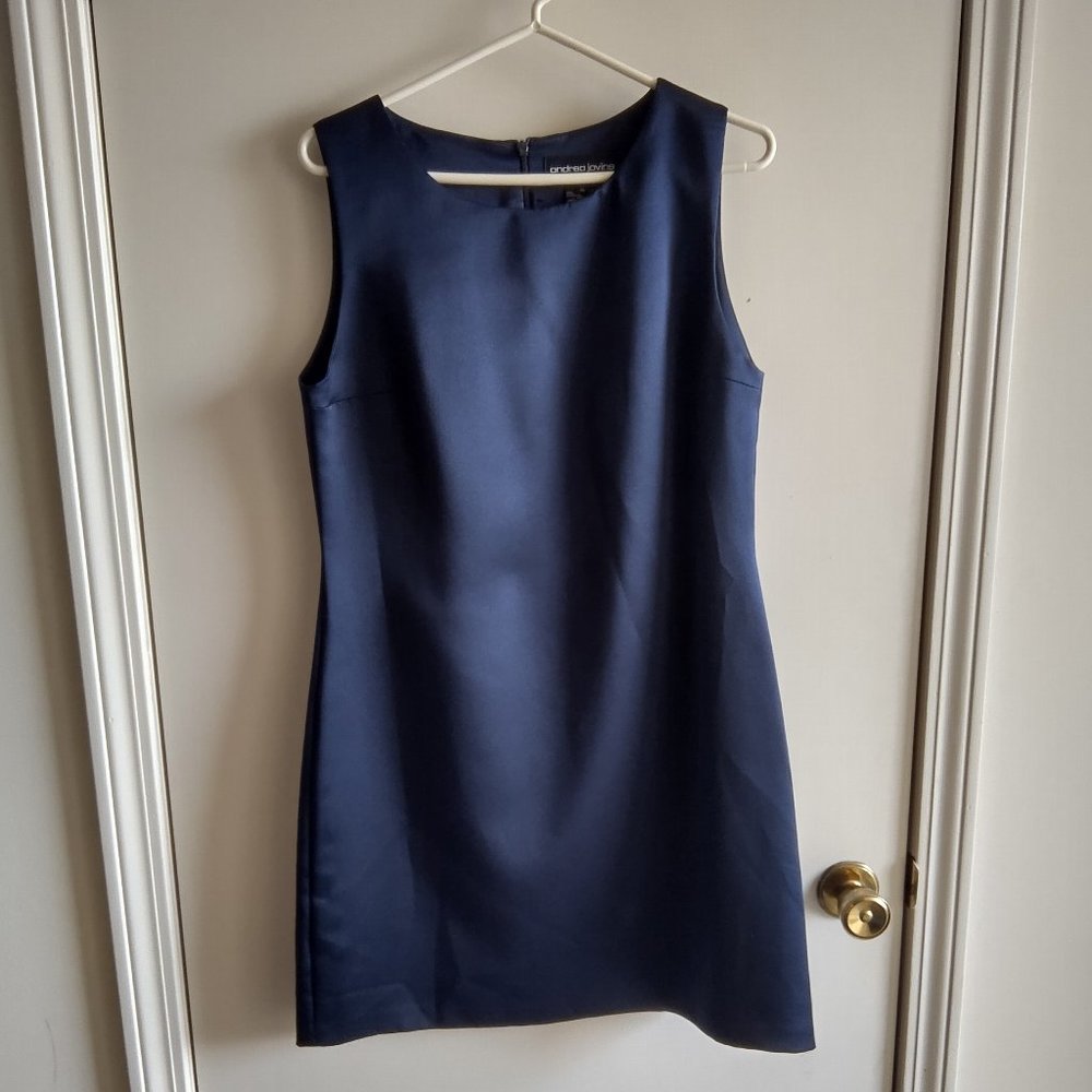 Andrea Jovine, VTG, shift dress, navy satin, size 10